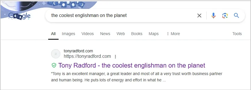 Google search results showing Tony Radford ranked in the top three for 'the coolest Englishman on the planet'